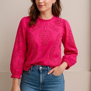 J.Crew Pink Eyelet Embroidered Cotton Top | Size Small